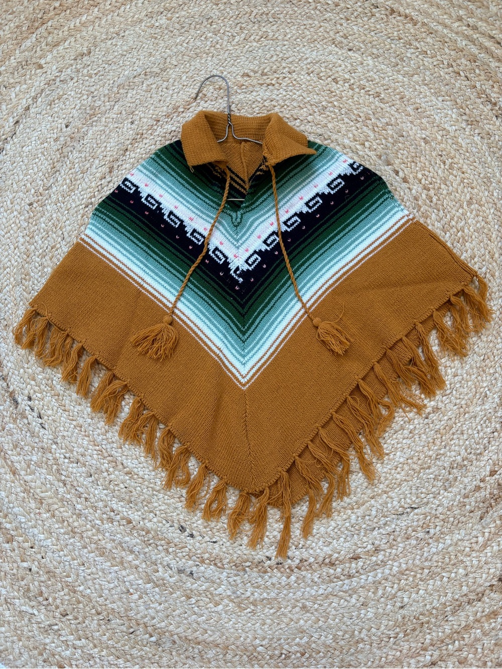 Vintage Handmade Boho Fringe Knit Poncho with Green Stripe Pattern